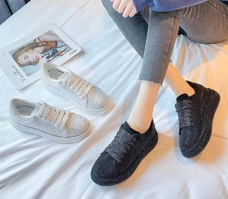 Wholesale Trendy Sporty Elegance Fashion Trend Women's Sneakers Sparkling Rhinestone Platform Sole Skateboarding Shoes