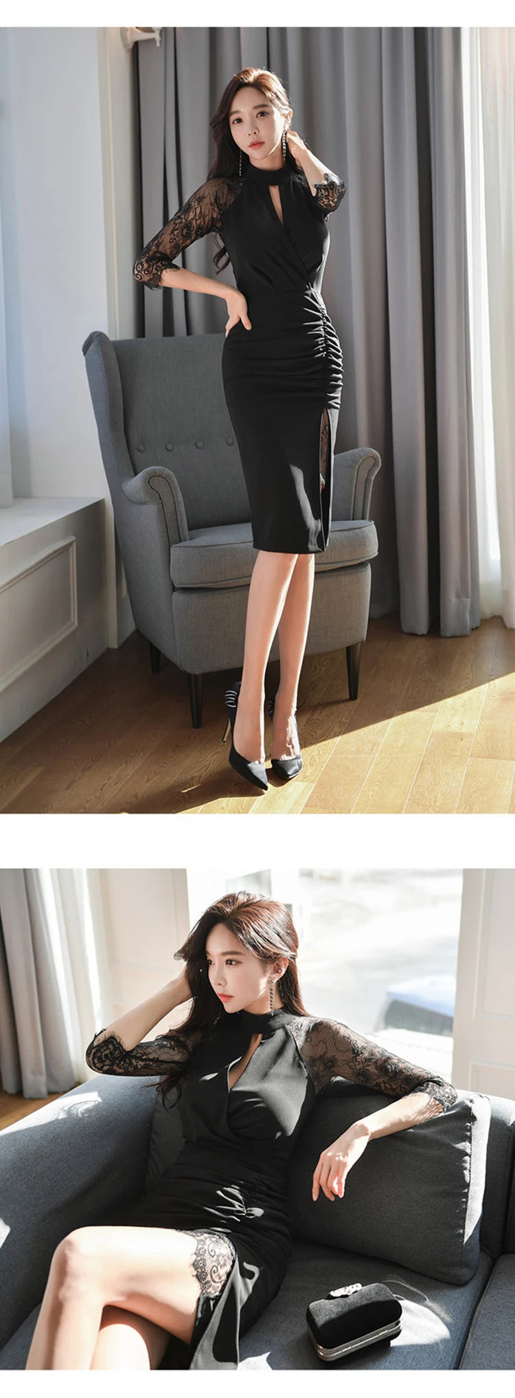 Elegant Office Women Bodycon Dress Lady Formal Sexy Lace Perspective Black Hollow Folds Slit Slim Party Club Robe Femme Vestidos