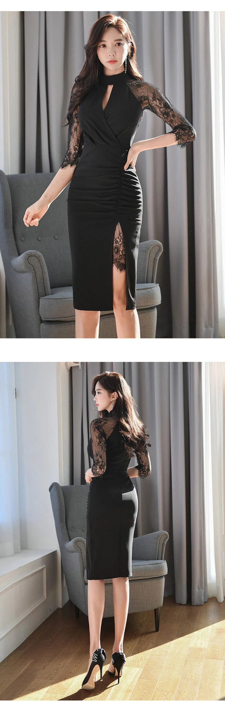 Elegant Office Women Bodycon Dress Lady Formal Sexy Lace Perspective Black Hollow Folds Slit Slim Party Club Robe Femme Vestidos