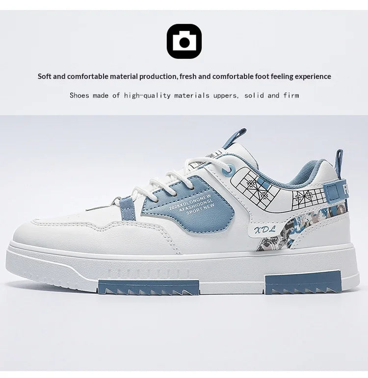 Summer Men's Breathable Synthetic Leather Upper Korean-style Round Toe Thick-soled Rubber Outsole Sports Casual Sneakers White