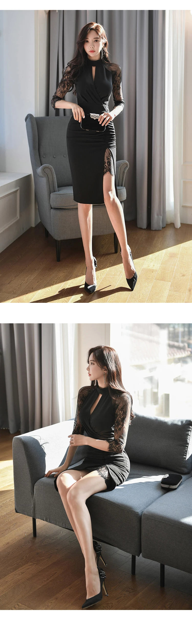 Elegant Office Women Bodycon Dress Lady Formal Sexy Lace Perspective Black Hollow Folds Slit Slim Party Club Robe Femme Vestidos
