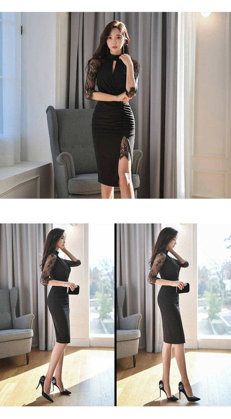 Elegant Office Women Bodycon Dress Lady Formal Sexy Lace Perspective Black Hollow Folds Slit Slim Party Club Robe Femme Vestidos
