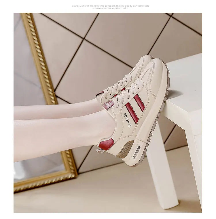 Women's 2025 Spring Autumn Running Flat Sneaker Cross-Border Plus Size All-match Leather Lace-Up Cushioning Non-slip Casual