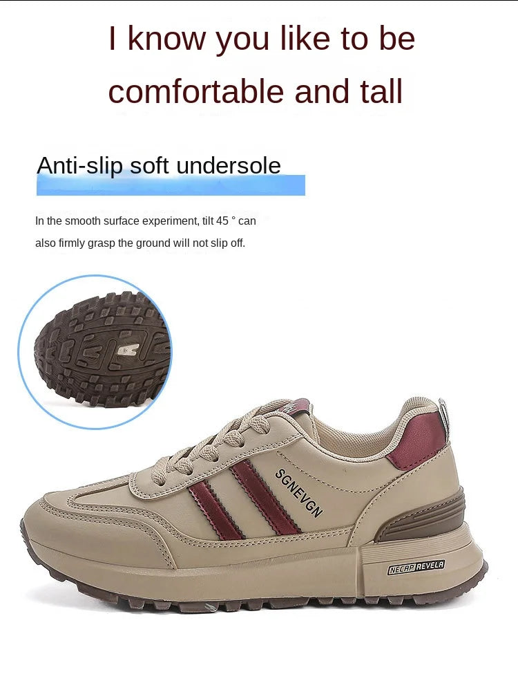 Women's 2025 Spring Autumn Running Flat Sneaker Cross-Border Plus Size All-match Leather Lace-Up Cushioning Non-slip Casual