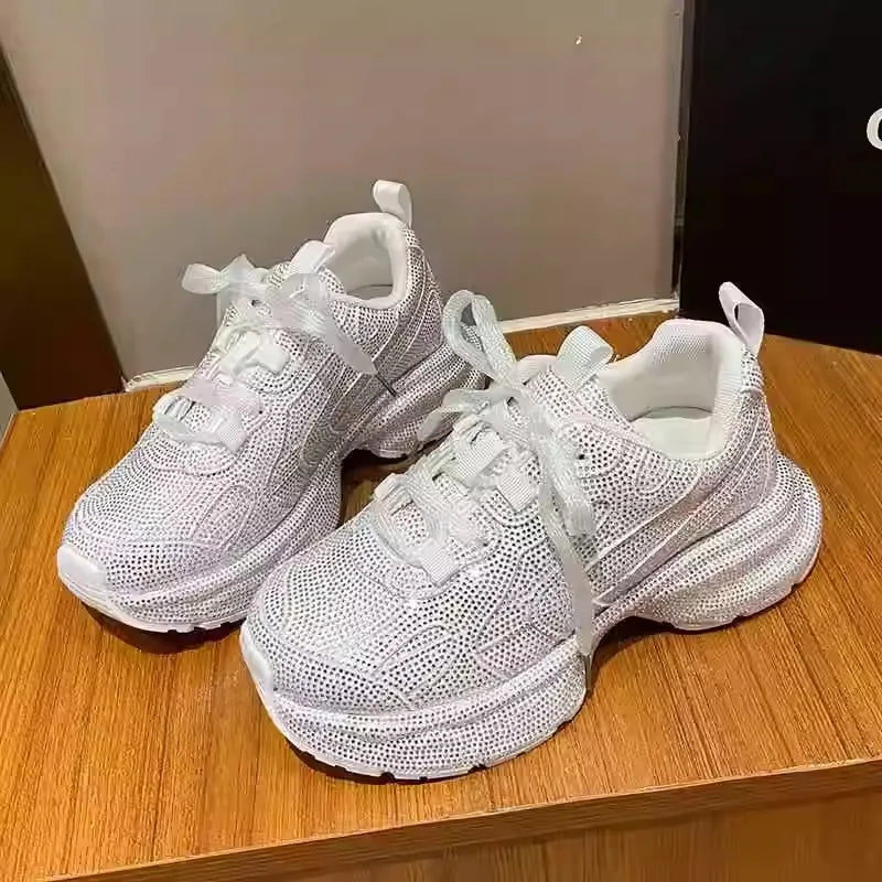 Sparkling Rhinestone Dad Sneakers Reflective Bling Footwear Lady Night Out Party Shoes Women Plus Size 42 Chunky Sole Sneakers