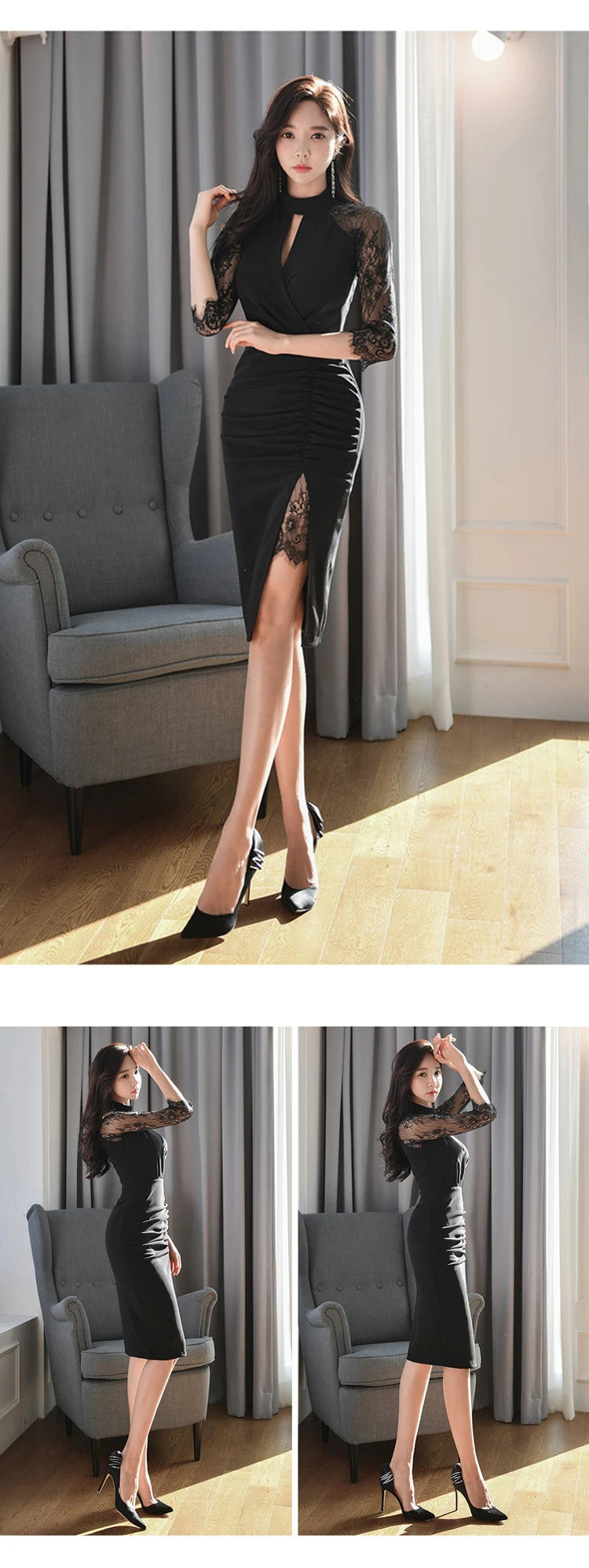 Elegant Office Women Bodycon Dress Lady Formal Sexy Lace Perspective Black Hollow Folds Slit Slim Party Club Robe Femme Vestidos