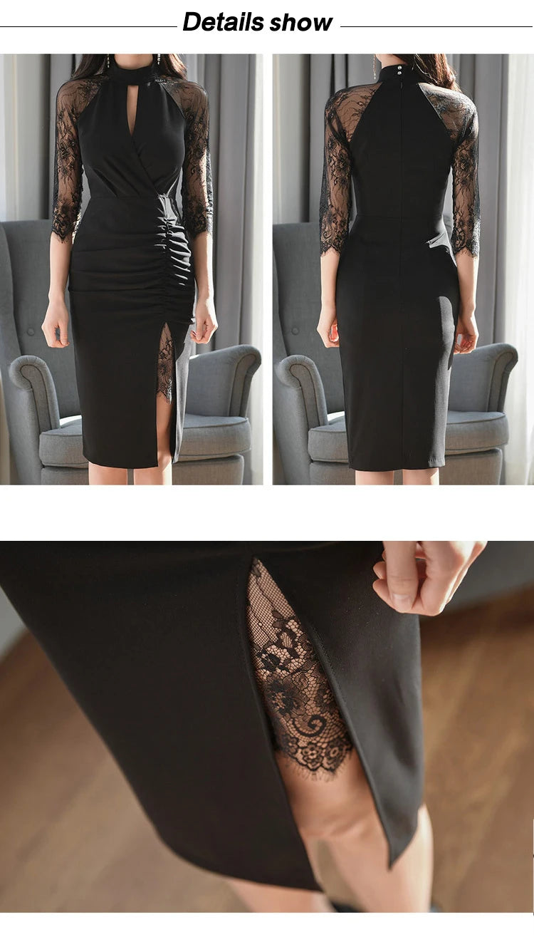 Elegant Office Women Bodycon Dress Lady Formal Sexy Lace Perspective Black Hollow Folds Slit Slim Party Club Robe Femme Vestidos