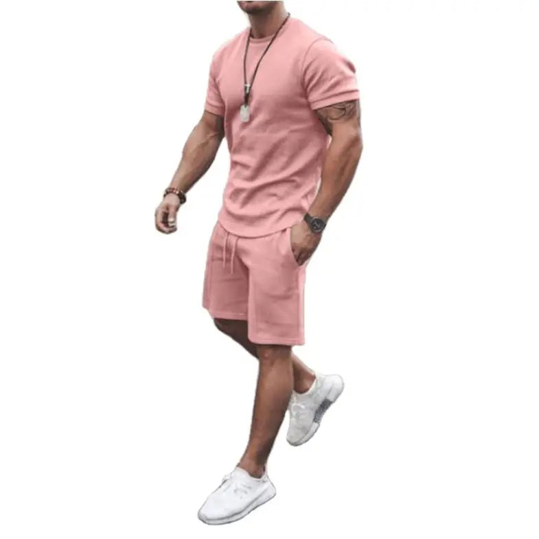 Summer Solid Color Short Sleeve Tshirt Top Set Casual Sports Workout Men Two Piece Shorts