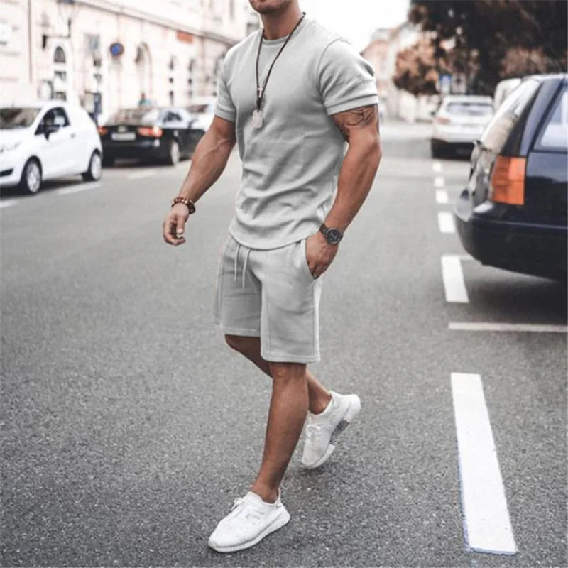 Summer Solid Color Short Sleeve Tshirt Top Set Casual Sports Workout Men Two Piece Shorts