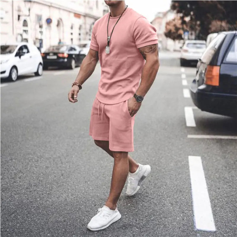 Summer Solid Color Short Sleeve Tshirt Top Set Casual Sports Workout Men Two Piece Shorts