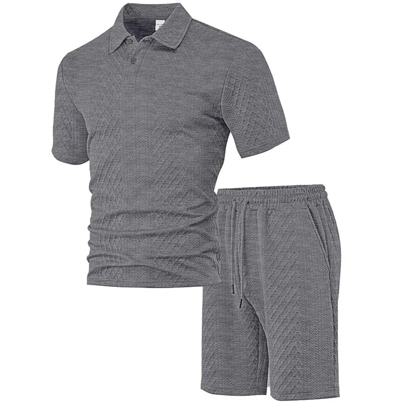 Joychuang New Summer Jacquard Men's T-shirt Set Trendy Lapel Mens Tshirts Shorts Kits Casual Mens Outfits for Men Apparel