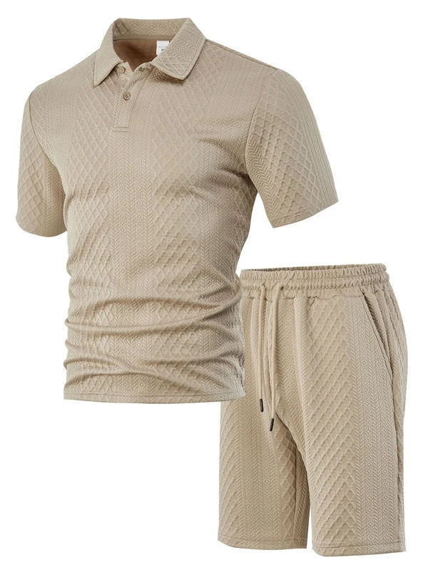 Joychuang New Summer Jacquard Men's T-shirt Set Trendy Lapel Mens Tshirts Shorts Kits Casual Mens Outfits for Men Apparel