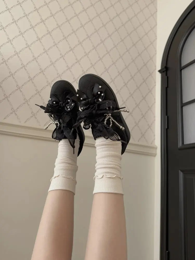 Women's Shoes Toe Thick-soled Rubber Outsole Lace Retro Style German Training Pearl Bow Height Increasing Casual Sneakers