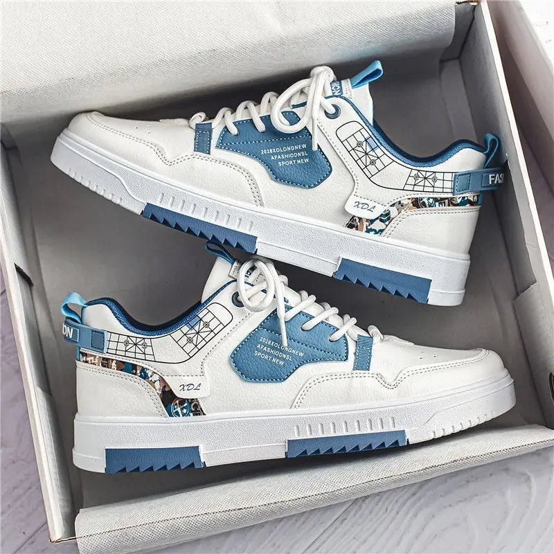 Summer Men's Breathable Synthetic Leather Upper Korean-style Round Toe Thick-soled Rubber Outsole Sports Casual Sneakers White