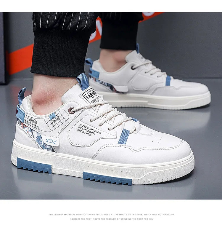 Summer Men's Breathable Synthetic Leather Upper Korean-style Round Toe Thick-soled Rubber Outsole Sports Casual Sneakers White