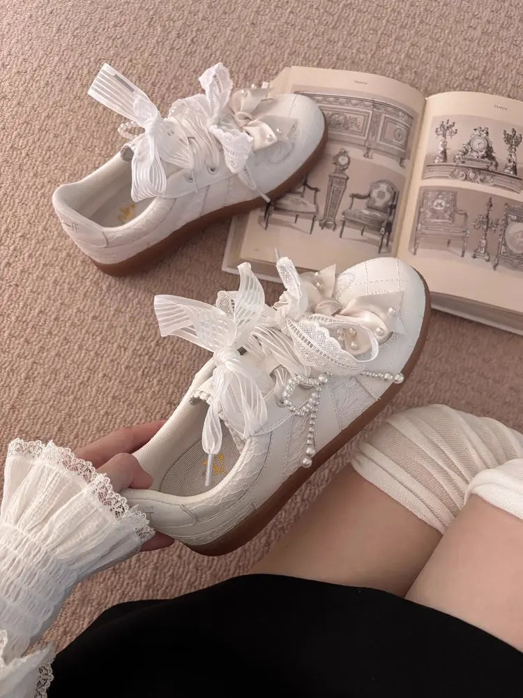 Women's Shoes Toe Thick-soled Rubber Outsole Lace Retro Style German Training Pearl Bow Height Increasing Casual Sneakers