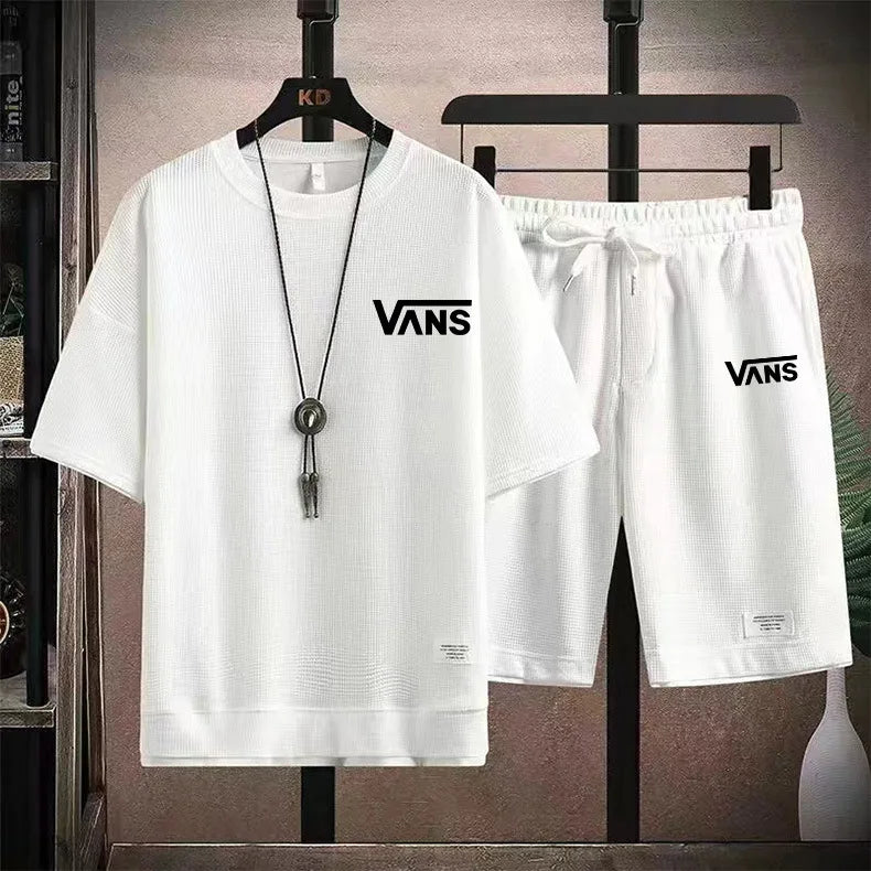New Cross Border Summer Loose Comfortable Half Sleeve T-shirt Waffle Short Sleeve T-shirt Men's Casual Sports Set