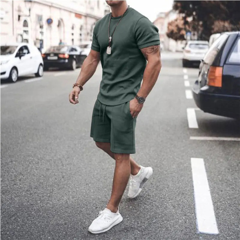Summer Solid Color Short Sleeve Tshirt Top Set Casual Sports Workout Men Two Piece Shorts