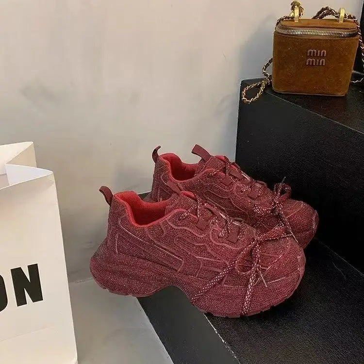 Sparkling Rhinestone Dad Sneakers Reflective Bling Footwear Lady Night Out Party Shoes Women Plus Size 42 Chunky Sole Sneakers