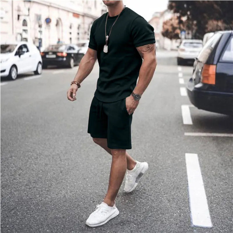 Summer Solid Color Short Sleeve Tshirt Top Set Casual Sports Workout Men Two Piece Shorts