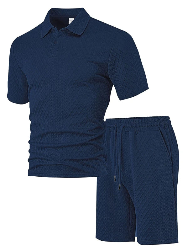 Joychuang New Summer Jacquard Men's T-shirt Set Trendy Lapel Mens Tshirts Shorts Kits Casual Mens Outfits for Men Apparel