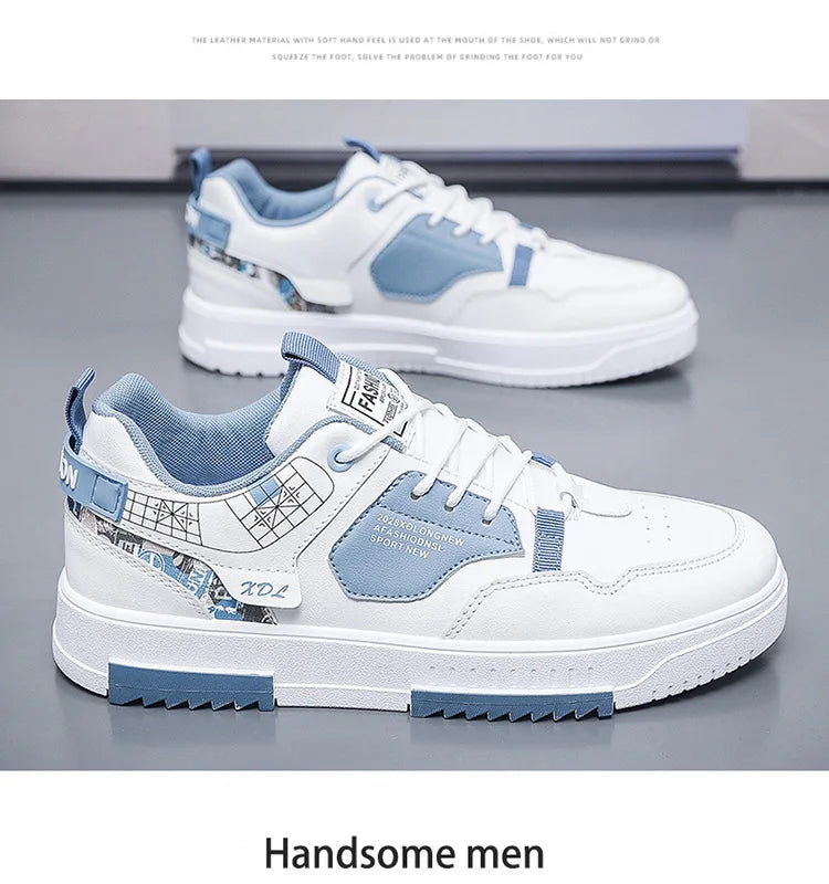 Summer Men's Breathable Synthetic Leather Upper Korean-style Round Toe Thick-soled Rubber Outsole Sports Casual Sneakers White