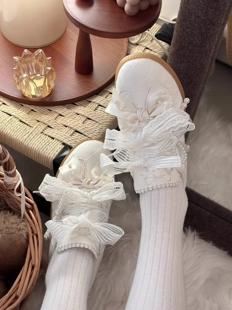 Women's Shoes Toe Thick-soled Rubber Outsole Lace Retro Style German Training Pearl Bow Height Increasing Casual Sneakers