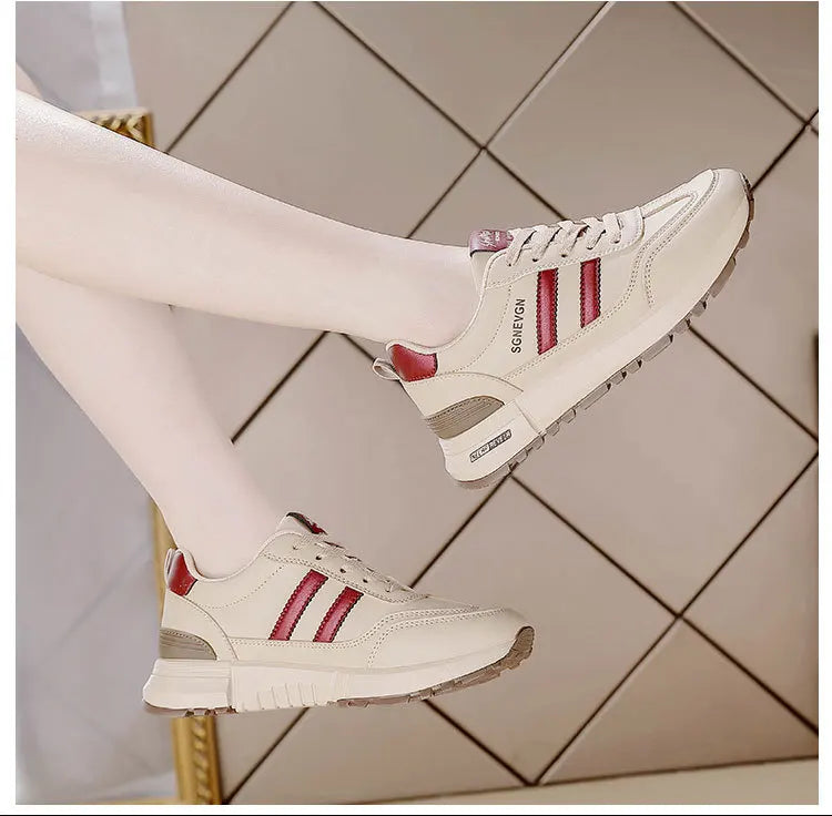Women's 2025 Spring Autumn Running Flat Sneaker Cross-Border Plus Size All-match Leather Lace-Up Cushioning Non-slip Casual