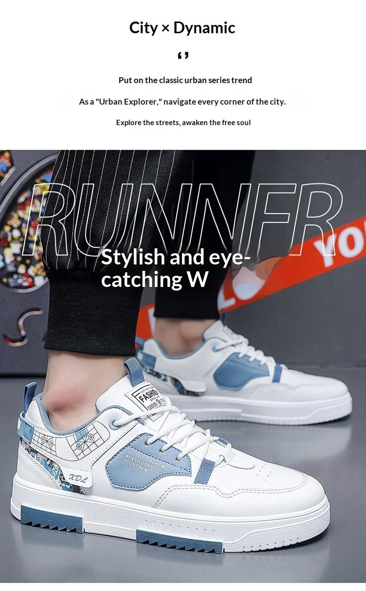 Summer Men's Breathable Synthetic Leather Upper Korean-style Round Toe Thick-soled Rubber Outsole Sports Casual Sneakers White