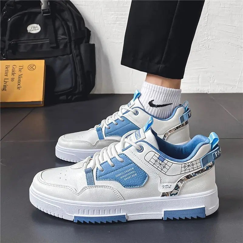 Summer Men's Breathable Synthetic Leather Upper Korean-style Round Toe Thick-soled Rubber Outsole Sports Casual Sneakers White