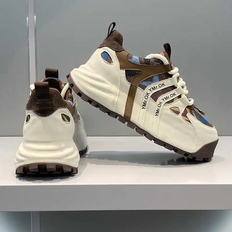 American Style Street Style Leather Cloth Stitching Toe Breathable Casual Sneakers Handsome Low-key Stretch Daddy Shoes Trendy