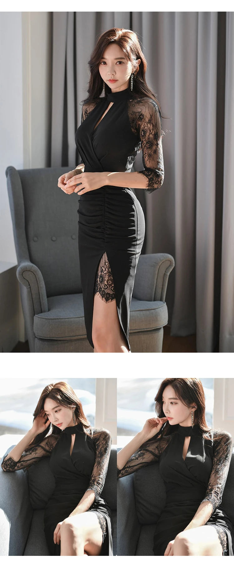 Elegant Office Women Bodycon Dress Lady Formal Sexy Lace Perspective Black Hollow Folds Slit Slim Party Club Robe Femme Vestidos