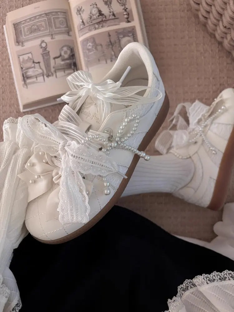 Women's Shoes Toe Thick-soled Rubber Outsole Lace Retro Style German Training Pearl Bow Height Increasing Casual Sneakers