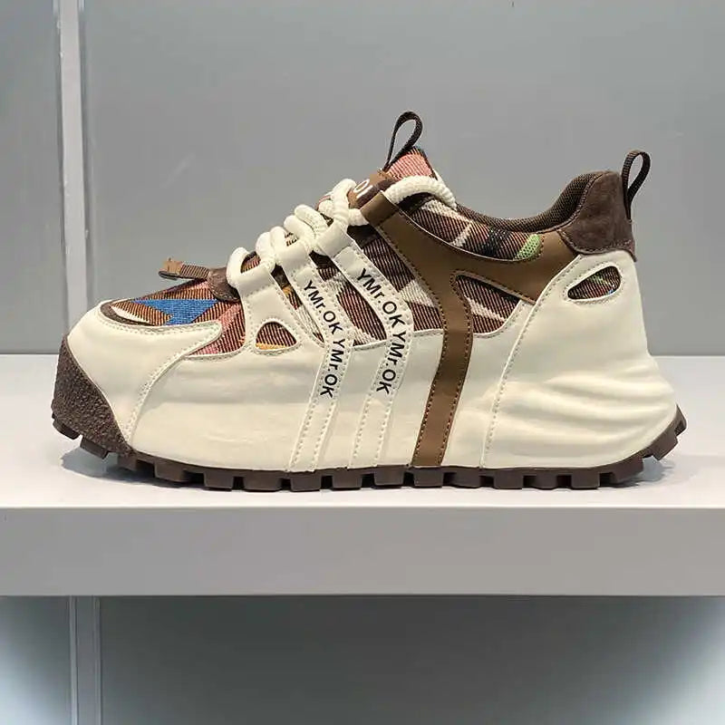 American Style Street Style Leather Cloth Stitching Toe Breathable Casual Sneakers Handsome Low-key Stretch Daddy Shoes Trendy