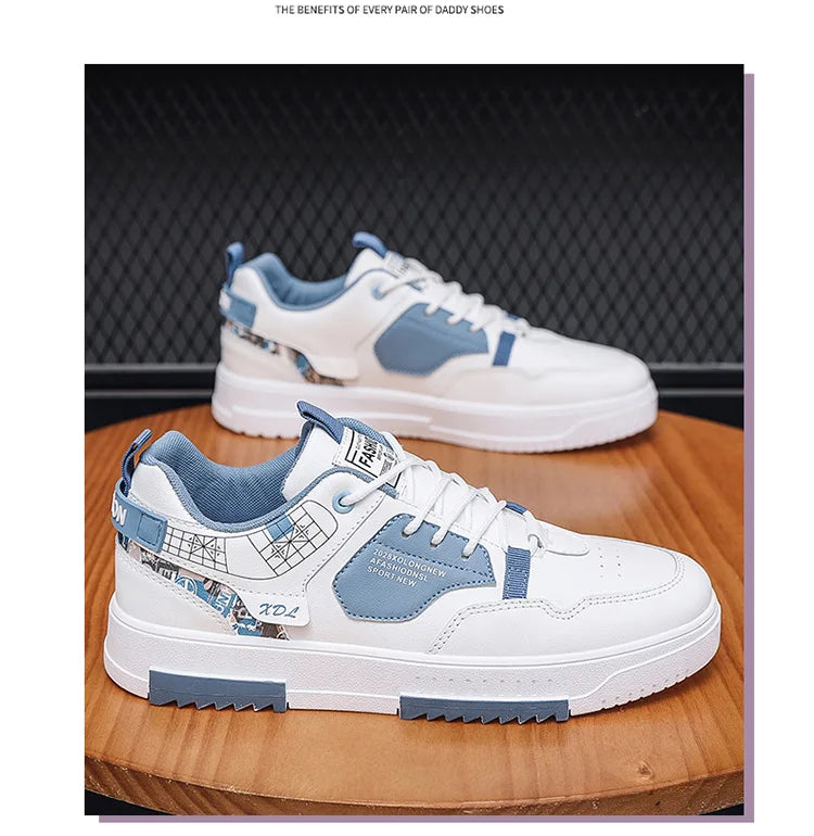Summer Men's Breathable Synthetic Leather Upper Korean-style Round Toe Thick-soled Rubber Outsole Sports Casual Sneakers White