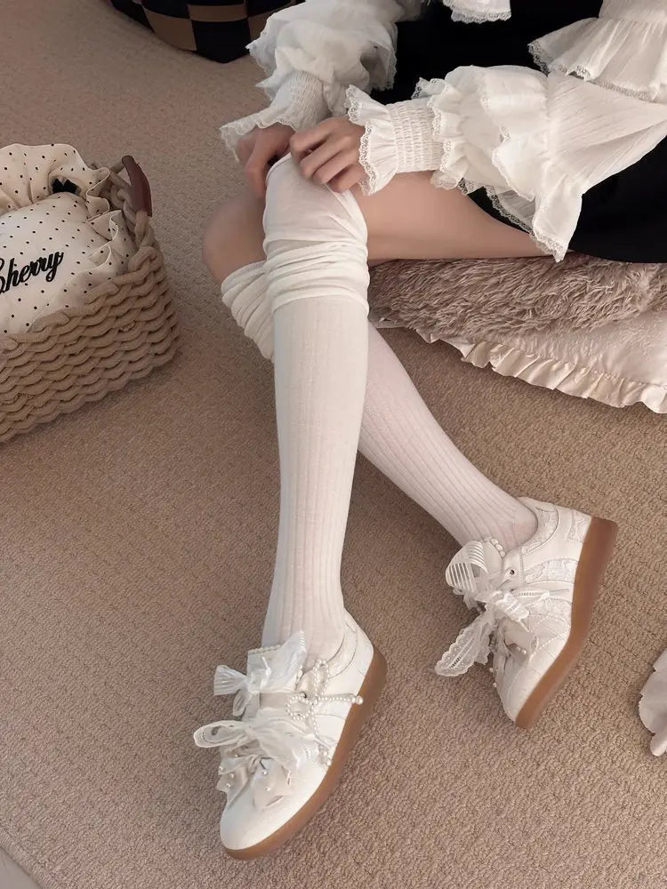Women's Shoes Toe Thick-soled Rubber Outsole Lace Retro Style German Training Pearl Bow Height Increasing Casual Sneakers