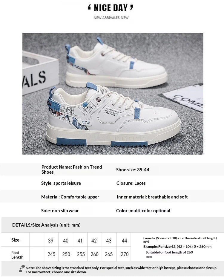 Summer Men's Breathable Synthetic Leather Upper Korean-style Round Toe Thick-soled Rubber Outsole Sports Casual Sneakers White