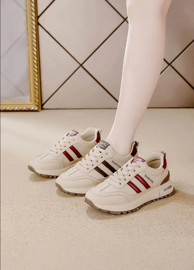 Women's 2025 Spring Autumn Running Flat Sneaker Cross-Border Plus Size All-match Leather Lace-Up Cushioning Non-slip Casual