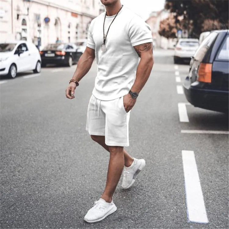 Summer Solid Color Short Sleeve Tshirt Top Set Casual Sports Workout Men Two Piece Shorts