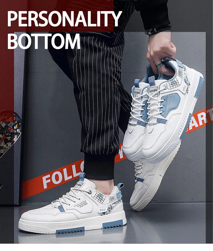 Summer Men's Breathable Synthetic Leather Upper Korean-style Round Toe Thick-soled Rubber Outsole Sports Casual Sneakers White