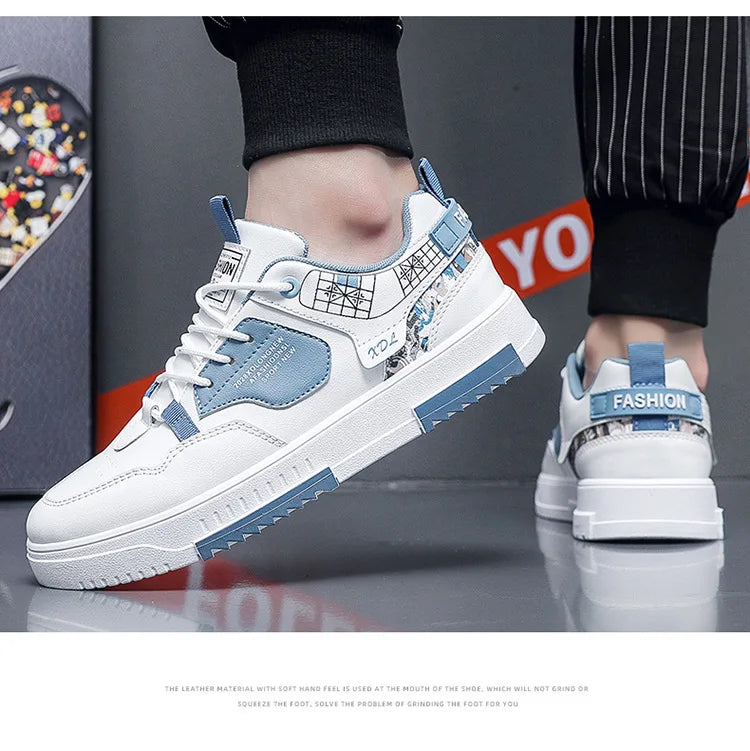 Summer Men's Breathable Synthetic Leather Upper Korean-style Round Toe Thick-soled Rubber Outsole Sports Casual Sneakers White