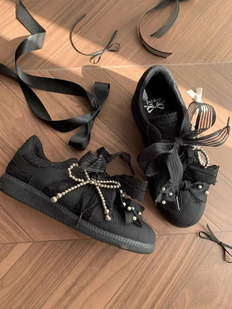 Women's Shoes Toe Thick-soled Rubber Outsole Lace Retro Style German Training Pearl Bow Height Increasing Casual Sneakers
