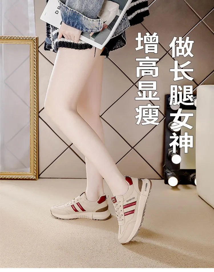 Women's 2025 Spring Autumn Running Flat Sneaker Cross-Border Plus Size All-match Leather Lace-Up Cushioning Non-slip Casual