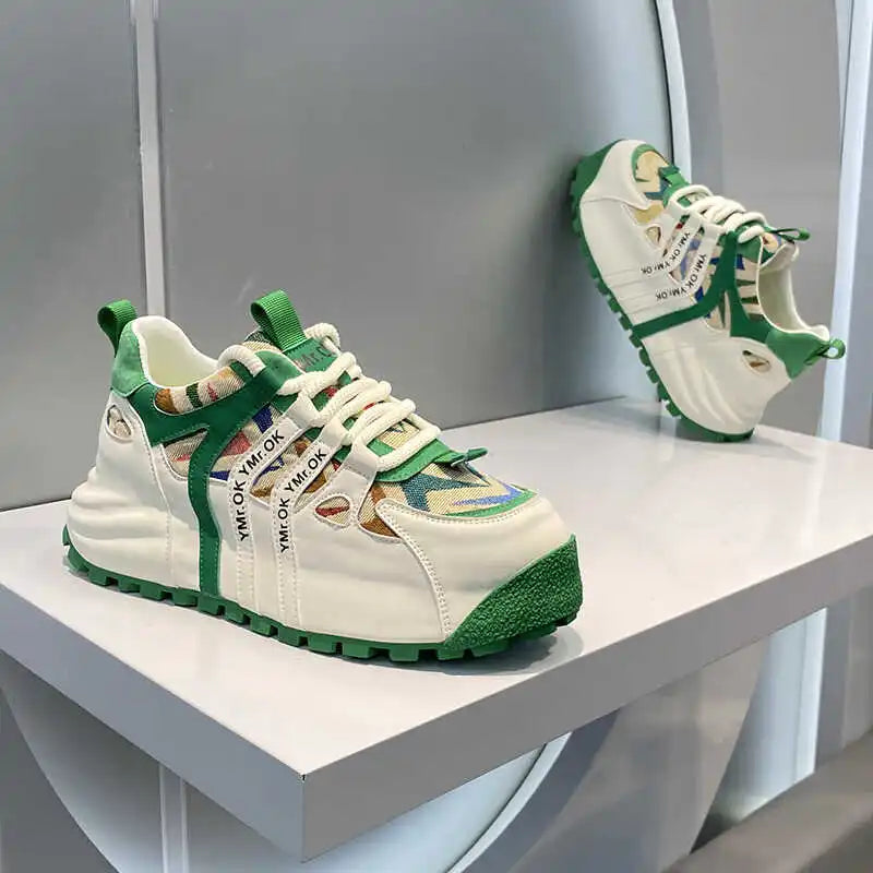 American Style Street Style Leather Cloth Stitching Toe Breathable Casual Sneakers Handsome Low-key Stretch Daddy Shoes Trendy