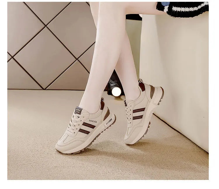 Women's 2025 Spring Autumn Running Flat Sneaker Cross-Border Plus Size All-match Leather Lace-Up Cushioning Non-slip Casual
