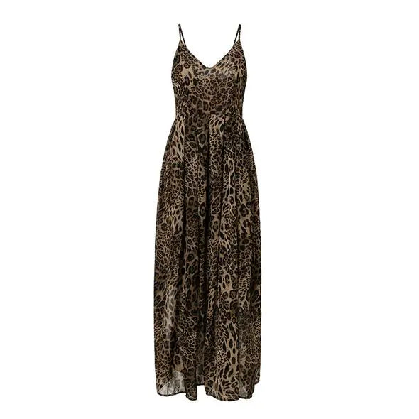Leopard Print V-Neck Maxi Dress with Spaghetti Straps