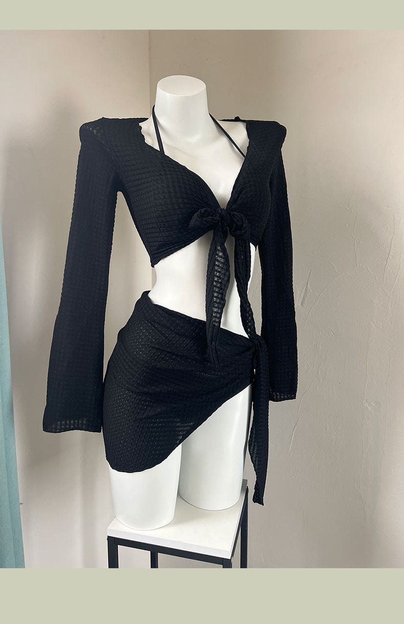 Bikini Swimsuit for Women 2025 New Four-Piece Set High-End Sexy Split Long-Sleeved Swimsuit for Women Pure Color Hot Spring
