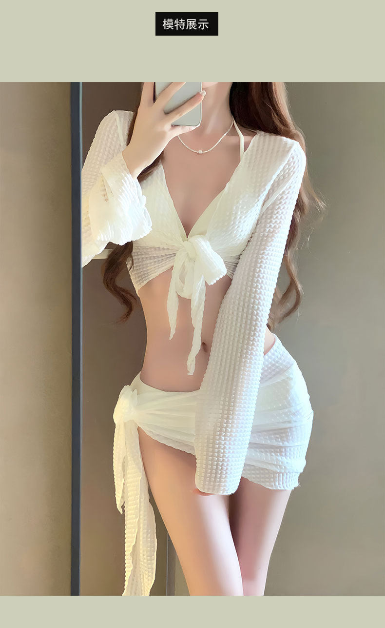 Bikini Swimsuit for Women 2025 New Four-Piece Set High-End Sexy Split Long-Sleeved Swimsuit for Women Pure Color Hot Spring