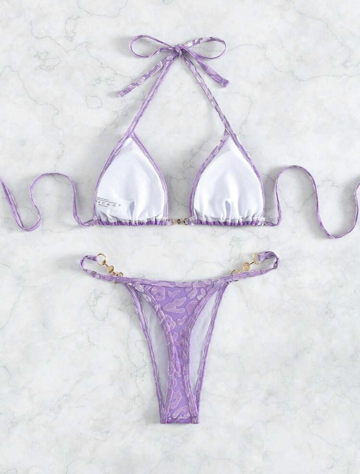 2025 European and American New Sexy T-Shaped Pearl Leopard Print Special Fabric Swimsuit Bikini Bikini Cross-Border