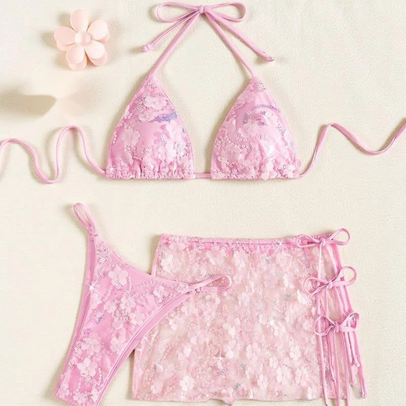 New Model Sequined Lace Up Skirt Three-piece Bikini Swimsuit For Women Summer Pink Strap Sexy Backless Beach Vacation Swimsuit